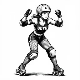 goth girl , logo design, roller derby girl sprinting Cross-Over, wearing skate helmet, knee pads, elbow pads,full length portrait, fishnet tights, torn, ripped, fists in the air, illustration by greg rutkowski, pen and ink