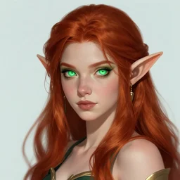 a beautiful Druid elf girl with red hair and glowing green eyes, trending on art station , concept art by Greg rutkowski