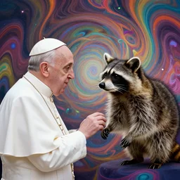 Pope Francis meeting with a racoon in a psychedelic chaotic swirling headspace