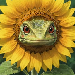 a film still portrait of a serious young sunflower dragon lizard, with sunflowers growing from it, hyper realistic, sunflower, finely detailed features, closeup at the faces with freckles, perfect art, gapmoe yandere grimdark, trending on pixiv fanbox, painted by greg rutkowski makoto shinkai takashi takeuchi studio ghibli, akihiko yoshida