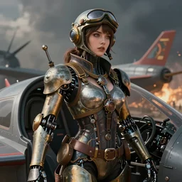 female steampunk robot fighter pilot mechanical girl in the jet cockpit. beautiful. detailed. battle background