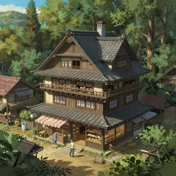 concept art painting of a historic bakery with european and japanese architecture, in a forest village surrounded by trees, realistic, detailed, cel shaded, in the style of makoto shinkai and greg rutkowski and james gurney