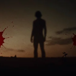 category b film poster with huge one trace of a shot in centre, grindhouse, planet of terror movie, blood splatter on the sides, focus, grainy tape, distortion, low detailed, minimalistic, dark painting, not saturated colours