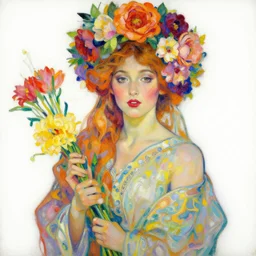 a bright vibrant oil painting of a beautiful woman on a white background, flowers, painted by mucha, floral headdress, 8 k resolution, octane render, trending on artstation, volumetric light