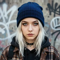 highly detailed closeup portrait of a sewer punk lady student, beanie, tartan hoodie, white hair by atey ghailan, by greg rutkowski, by greg tocchini, by james gilleard, by joe fenton, by kaethe butcher, gradient, blue, black, brown and cream color scheme, grunge aesthetic!!! white graffiti tag wall background