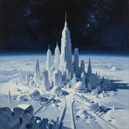 an epic painting of a futuristic city on an airless icy planet in the endless starry night of space, unreal 5, DAZ, detailed, soft focus, brilliant, 4k, 8k, HD, trending on artstation, art by Rick Guidice painting by Robert McCall by John Harris, abstract