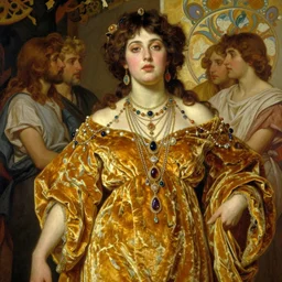 highly detailed oil painting of thick rugged zarya, glowing skin, gold ombre velvet gown, greek scene, beautiful face by leyendecker, dozens of jeweled necklaces, by greg rutkowski, brom, anato finnstark, alphonse mucha, cinematic lighting,