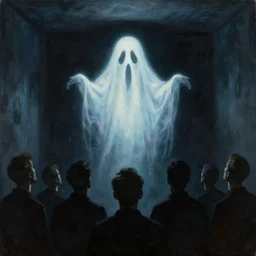 a dark room with a evil ghost - like hologram face in the centre of the room with a group of silhouettes of men looking upto it from behind in the style of nazareth by craig mullins, ilya kuvshinov, krenz cushart, epic, german engineering, painting artgerm trending on artstation by edward hopper and dan mumford and wlop and rutkovsky,