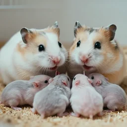photo of a two hamsters and their babies, cinematic color grading, various poses, soft light, faded colors, well framed, sharp focus, 8 k