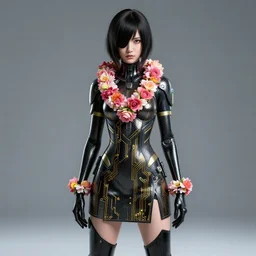 studio photo portrait of Lain Iwakura from Serial Experiments Lain wearing floral garlands over her cyberpunk netrunner skinsuit. full height portrait of Lain as a genius hacker from cyberpunk 2077 the anime wearing a carbon hacker dress adorned with golden circuits, concept art by Greg Rutkowski, James Gurney, Ross Tran, Ruan Jia, by J. C. Leyendecker and Edmund Blair Leighton and Charlie Bowater, ultrarealistic octane render, 4k, 8k, HDR, rtx on, trending on ArtStation