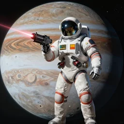 an illustration of a space hero with a laser blaster, on a moon with Jupiter filling the background, golden age of sci-fi book cover, by bernie wrightson and Moebius, 4k, highly detailed