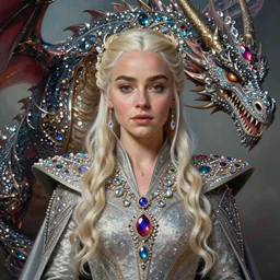a portrait painting of daenerys targaryen queen in fantastic dress next to a dragon, embellished crystal and gemstones, medium shot, clear face, symmetrical face, face enhancement, volumetric lights, by annie stegg, lawrence alma - tadema, nerko, deviantart contest winner, artstation, fantasy art, highly detailed, 8 k, digital painting, smooth, concept art, sharp focus, illustration, golden ratio, cinematic, mythological, maximalist