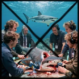 crosshatch of a group of experts eaten by a shark