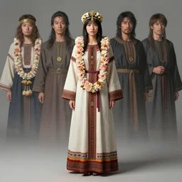 studio photo portrait of Lain Iwakura from Serial Experiments Lain wearing floral garlands over her traditional dress. full height portrait of Lain as a slavic pagan priestess wearing traditional pagan dress adorned with golden tiara, concept art by Greg Rutkowski, James Gurney, Ross Tran, Ruan Jia, by J. C. Leyendecker and Edmund Blair Leighton and Charlie Bowater, ultrarealistic octane render, 8k, rtx on, trending on ArtStation