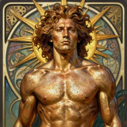 ruggedly handsome sun prince [ leo zodiac ] by artgerm, greg rutkowski, mucha, bronze brown skin and tightly curled hair, trim muscled masculine, digital oil paining art nouveau. gloomhaven. gleaming colors. sharp edges. clear detailed. 8 k. intricate elegance