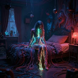 rgb, glowing, depression!!!!!, maximalist bedroom, woman, cinematic, movie scene, inspired by zdzislaw beksinski, clothes made out of veins,, cables everywhere, bedroom, ultra realistic, concept art, intricate details, highly detailed, photorealistic, octane render, 8 k