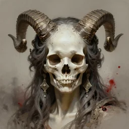 stunning modern art goddess of skull portrait, horns, skull, dirt, bloody background fantasy, intricate, elegant, highly detailed, digital painting, artstation, concept art, smooth, sharp focus, illustration, art by afshar petros and krenz cushart and artem demura