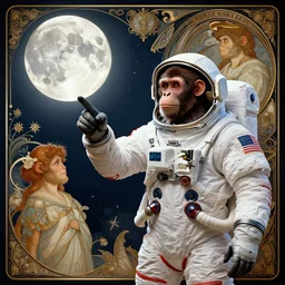 hdr portrait photography an ape on a spacesuit! pointing to a full moon. cinematic, coherent portraits, from time magazine, intricate, elegant, highly detailed, digital photo, trending on artstation, hdr photo, smooth, sharp focus, illustration, art by artgerm and greg rutkowski and alphonse mucha