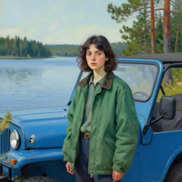portrait, a girl with dark hair and a green jacket, an old blue jeep, surreal photography, a pristine lake, pine trees, impressionist painting, digital painting, artstation, simon stalenhag