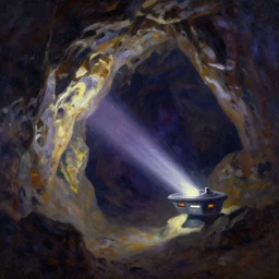 teleportation machine in a dark cave, light shining from the machine and illuminating the rock formations by thomas kinkaid, style of amethyst
