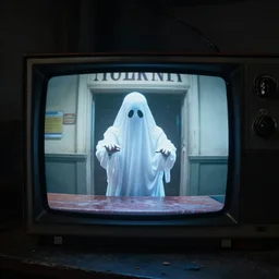 news footage of a ghost robbing a bank being played on an old television in a dark basement, hi - res photo