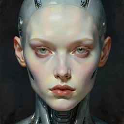 surreal portrait by Greg Rutkowski, symmetrical face, cybernetic transhuman god, disturbing, terrifying but fascinating, with a determined and sinister expression on his face, cosmic void background, frightening, fascinating, highly detailed portrait, digital painting, book cover, artstation, concept art, smooth, sharp foccus ilustration, Artstation HQ