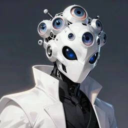 portrait of a character with many robotic eyes, wearing sleek clothes, wearing a flowing white tailcoat, wearing a futuristic insectoid armored white mask with five circular lenses for eyes, the mask covers his entire face, many eyes, dramatic lighting, illustration by Greg rutkowski, yoji shinkawa, 4k, digital art, concept art, trending on artstation