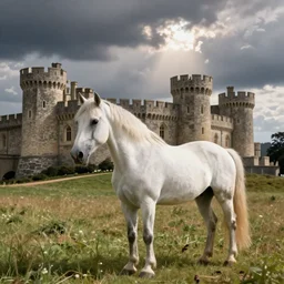 a white horse in the field next to the castle of camelot