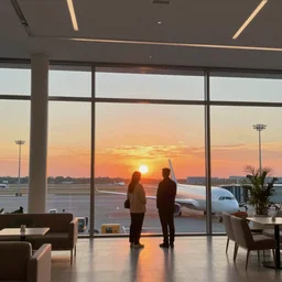 sun setting in a airport lounge. tall, spacious, couple watching landed airplane. painting by david hockney