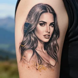 double exposure effect tattoo sketch of a megan fox faded with a beautiful mountain scenery, in the style of matteo pasqualin, amazing detail, sharp