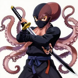 key anime visuals of an octopus ninja with a katana in his arms. the octopus is dressed as a ninja. highly detailed, intricate, directed by makoto shinkai, anime manga style, trending on art station.