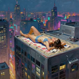 a girl laying on a beach towel on top of a building looking down at futuristic new york city, cyberpunk, ghostpunk, sci - fi, neon lights, oil painting, by george bellows