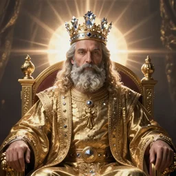 Portrait of a king sitting on his throne, beard, crystal crown, digital art, realistic, artstation, detailed