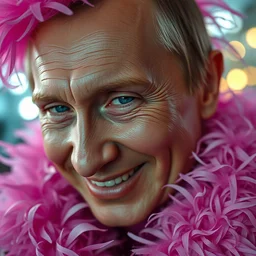 a closeup photorealistic gay vladamir putin photograph. feather boa, eye shadow, make up. joyful. party, fine detail. 4 k hd, trending on artstation, featured on behance, well - rendered, extra crisp, features intricate detail, epic composition and the style of unreal engine.