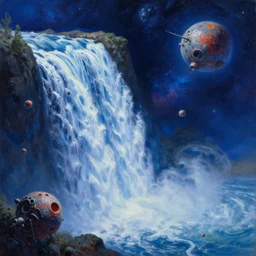 !! waterfall !! in asteroid field, blueish space with stars and cosmos in background, ultra detailed, high quality, very sharp, artstation award winner, oil painting, digital painting, 8k, vibrant, ultra detailed water