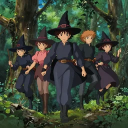 realistic still from howl's moving castle ( 2 0 0 4 ) of a group of witches floating in a dense woodland, hq depth of field.