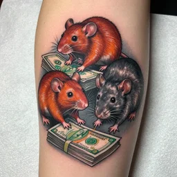 tattoo of 3 rats cut in half with money, red, orange, green, grey and white ink, detailed, hyperrealistic trending on artstation