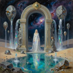 closeup of beautiful high priestess, portal to another world, water gate in space, nebula, iridescent shimmering pools, oasis in the desert, floating stones, cascading iridescent waterfalls, dimension of infinite space, by Zdzislaw Beksinski, Tomas Sanchez, greg rutkowski, wlop, artgerm, andrei riabovitchev, nuri iyem, james gurney, james jean, highly detailed, soft lighting, 8k resolution, oil on canvas