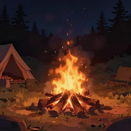 campfire in the night, without people, stylized, artgerm, artstation, hd, cgsociety, cgi, realistic, dramatic, cinematic, artistic, trending, detailed