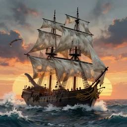 pirate sloop, heavy winds, huge waves, kraken tentacles, sunset, concept art by ricardo robles
