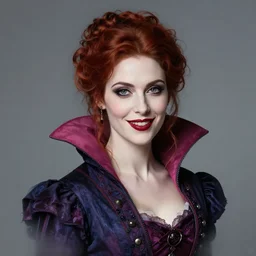 head and shoulder portrait of a victorian female vampire, painted by bloodborne, hard lighting, professional studio, smile, vibrant colors, fashion
