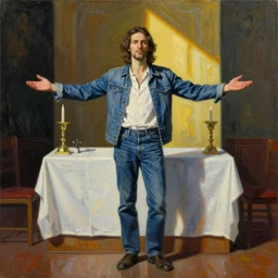 the cult leader stands at the altar as sunlight pours into his open arms, high detailed jean giraud painting, by adrian ghenie and gerhard richter. art by takato yamamoto. masterpiece, deep colours.