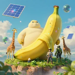 studio ghibli, giant banana, island, fat giraffes, solar, green technology, optimist future by asher durand. intricate artwork by tooth wu and wlop and beeple and dan mumford and greg rutkowski and nekroxiii. halo. octane render, cinematic, hyper realism, octane render, 8 k, depth of field, bokeh. iridescent accents. vibrant