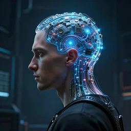 an award winning concept art of a man in front of a huge quantum computer connected to the back of his head, dramatic lighting, cinematic, unreal engine, octane render, hyper detailed, sharp focus, digital paiting, photography, trending on artstation, 4 k, cinema 4 d, cgsociety, zbrush central, behance hd, hypermaximalist, a masterpiece, hyperrealism