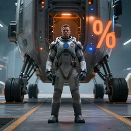 man in the sci - fi suit standing far from viewer, spaceport, landing gear, gray colour 7 0 %, orange colour 1 0 %, blue glowing point lights 2 0 %, avatar, cinematic keyframe. ultra realistic, cinematic light, ue 5, featured on artstation, sharp focus, ray tracing, artstationhq, cgsociety, cinematic 8 k