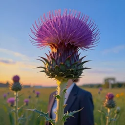 closeup, giant thistle flower under head, a girl in a suit in field of flowers, surreal photography, sunrise, blue sky, dramatic light, impressionist painting, digital painting, artstation, simon stalenhag