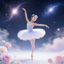 a ballet girl, clown makeup, pastel colors, ethereal, dancing into a space environment with supernova, sparkling space clouds, pastel roses