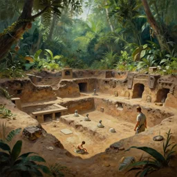 a beautiful painting of an archaeological excavation of the battlestar galactia in a lush jungle, ray traced lighting by kalin popov and greg rutkowski