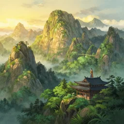 wise man on mountain shrine vivid exuberant rolling mountains gustave dore colossal mountain range immaculate digital painting golden hour light mist refractive lighting lush greenery by makoto shinkai takashi takeuchi yoshiyuki sadamoto