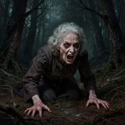 horror portrait of a creepy old lady screaming crawling in a dark dead forest, spot light, matte painting by maxim verehin